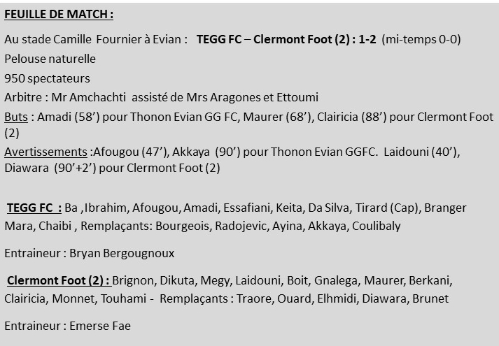 Thonon Evian Grand Genève Football Club - FEUILLE DE MATCH CLERMONT